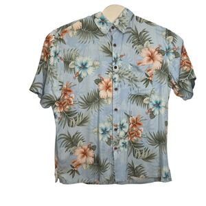 Boca Classics Islandwear Mens XL Silk Hawaiian Shirt Blue Floral Hibiscus